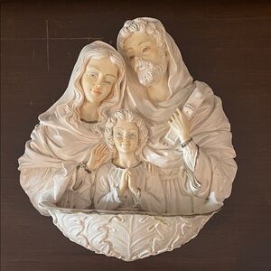 Vintage Dipinto A Mano Holy Family Resin Holy Water Font Wall Plaque Italy